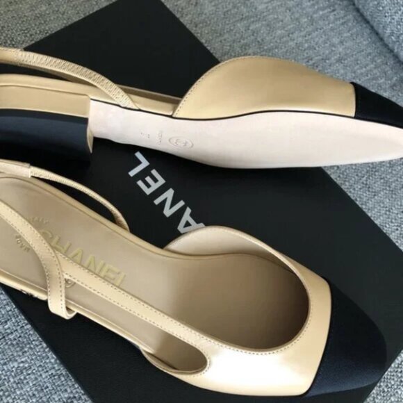 New Chanel Size 38 Goatskin Slingback Beige/Black Flat - Picture 3 of 7